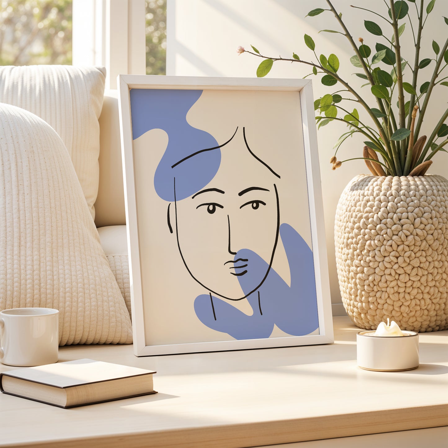 Minimalist Face Line Art – Blue Abstract Accents