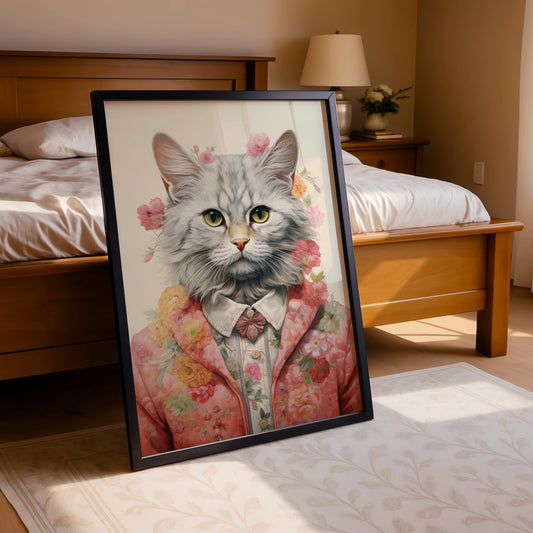 Elegant Cat in Blossoms – Whimsical Portrait Art