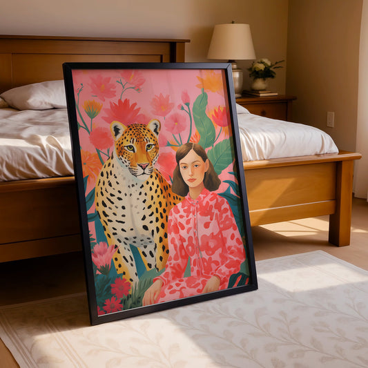 Girl and Cheetah in Bloom – Whimsical Wild Companion Poster
