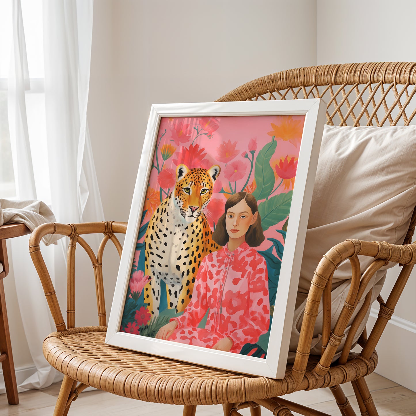 Girl and Cheetah in Bloom – Whimsical Wild Companion Poster