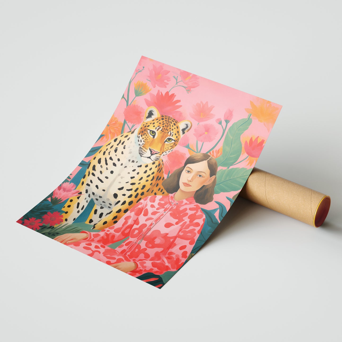 Girl and Cheetah in Bloom – Whimsical Wild Companion Poster