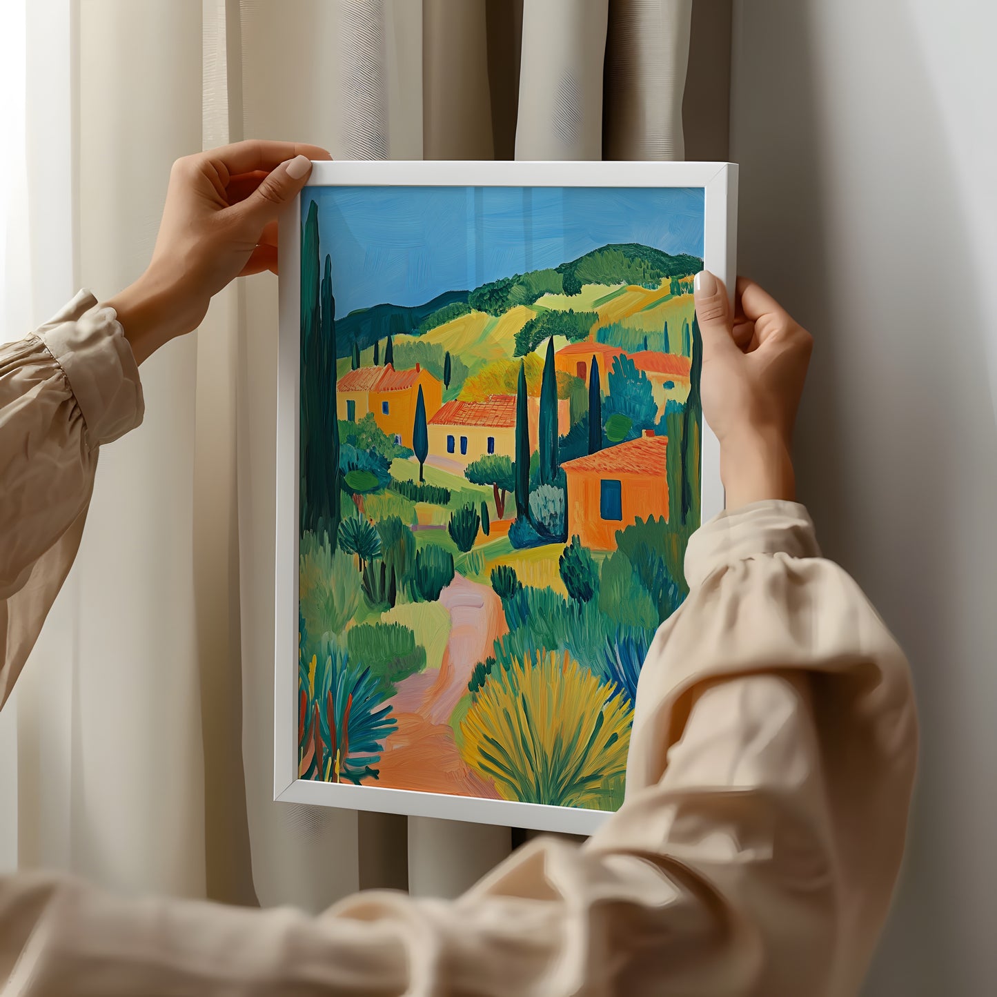 Sun-Drenched Hillside Village - Post-Impressionist Landscape Poster