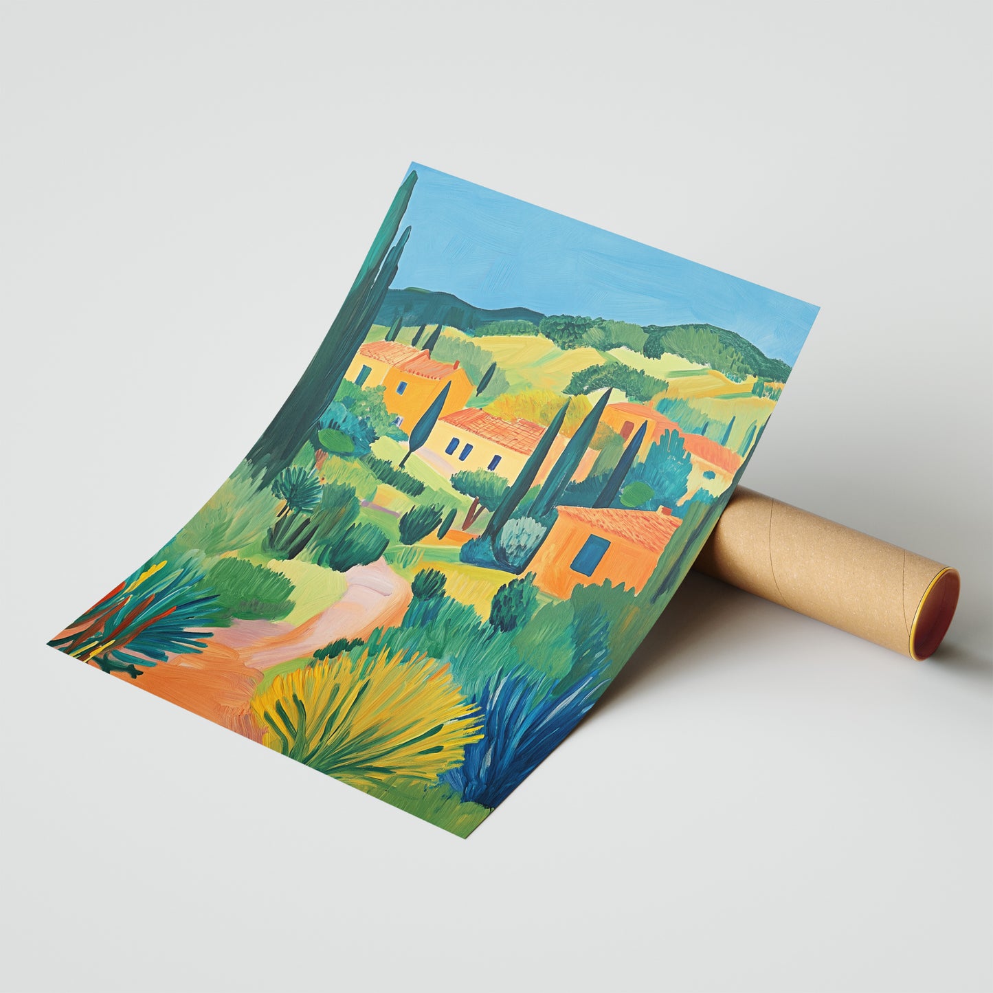 Sun-Drenched Hillside Village - Post-Impressionist Landscape Poster