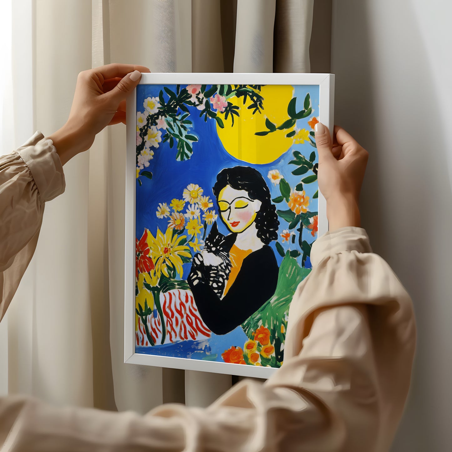 Woman with Cat - Post-Impressionist Floral Portrait