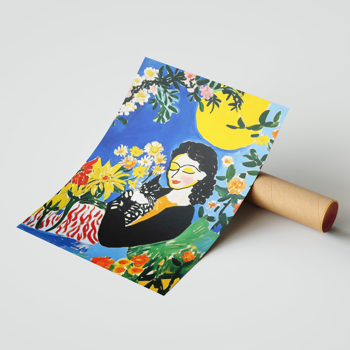 Woman with Cat - Post-Impressionist Floral Portrait