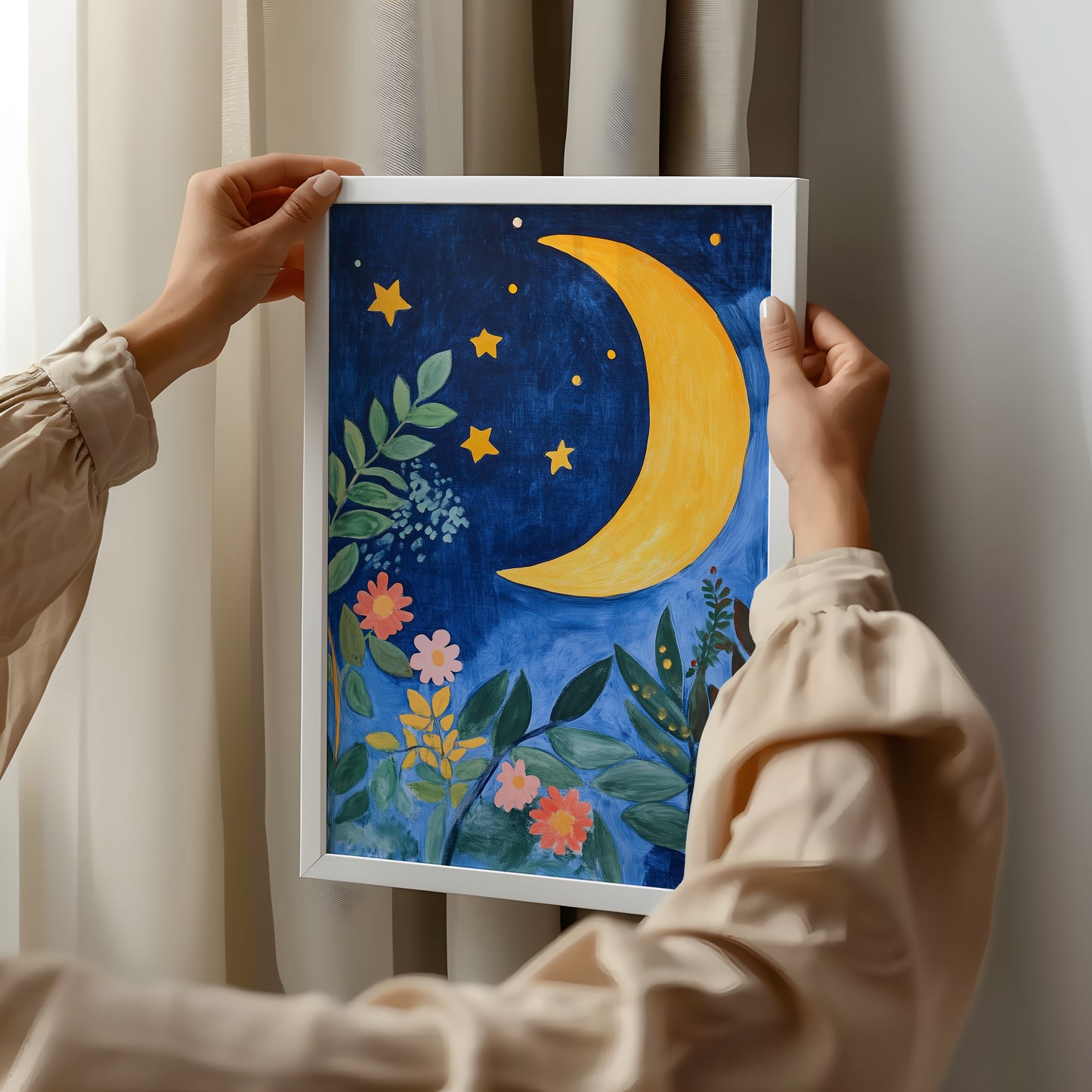 Crescent Moon Garden - Post-Impressionist Night Floral