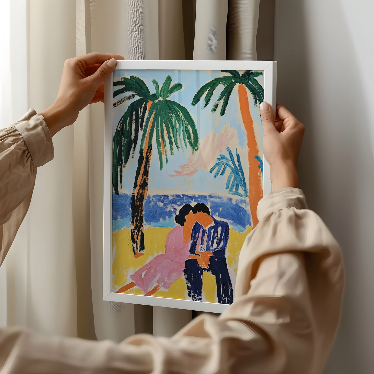 Seaside Embrace - Post-Impressionist Couple Poster