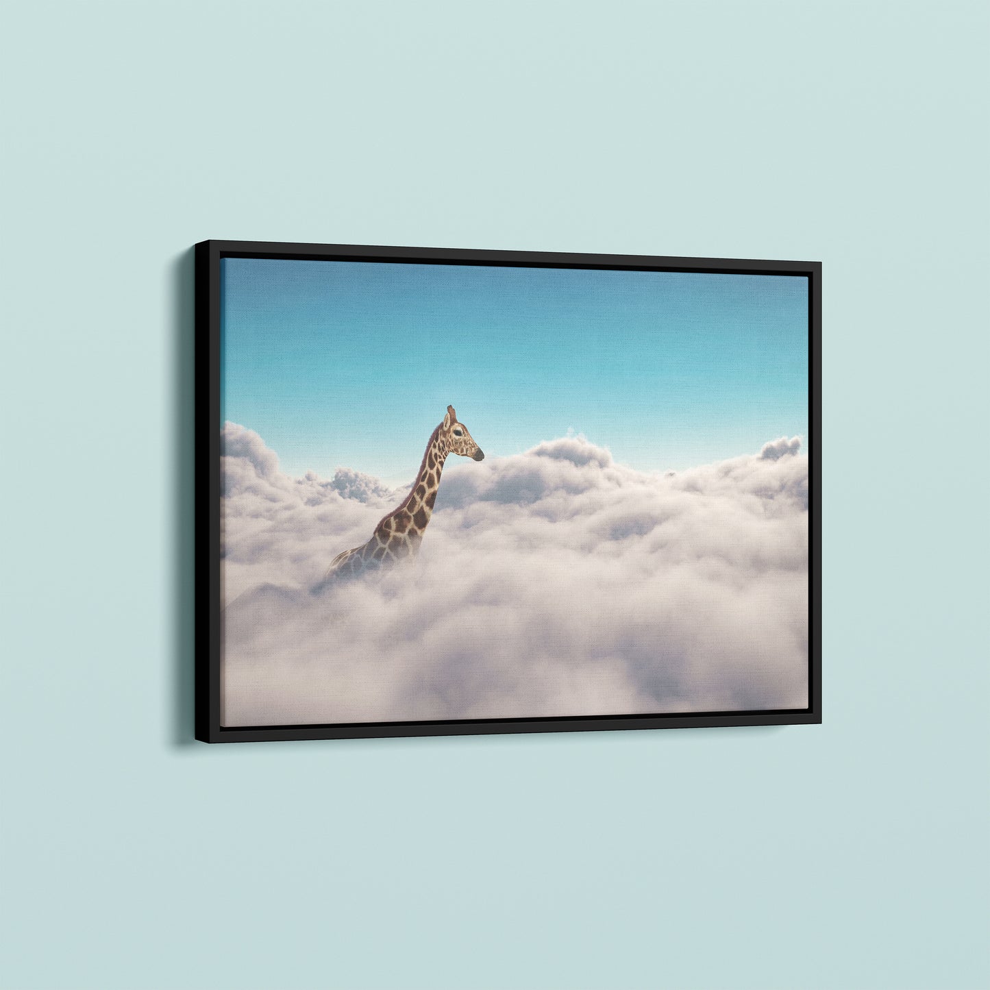 Sky High Dreams: Giraffe Above the Clouds Surreal Art Poster