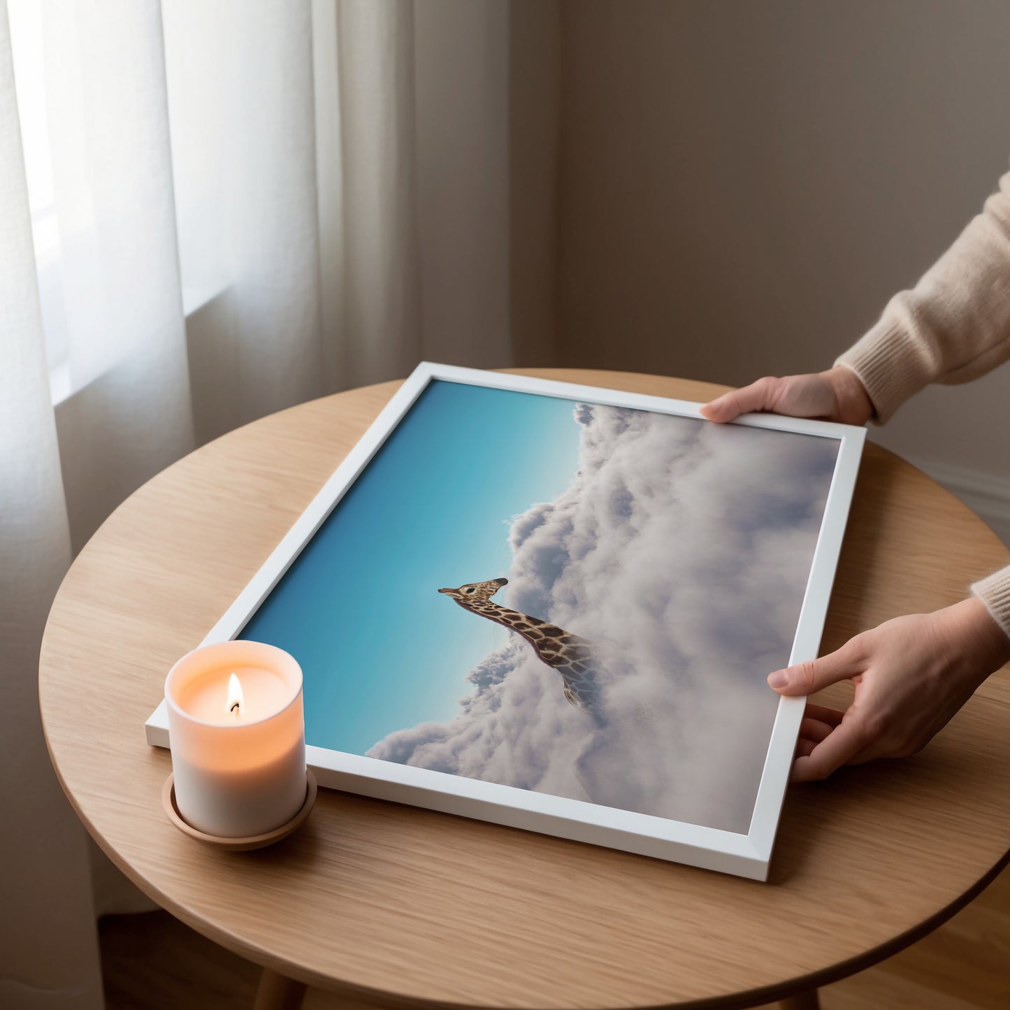 Sky High Dreams: Giraffe Above the Clouds Surreal Art Poster
