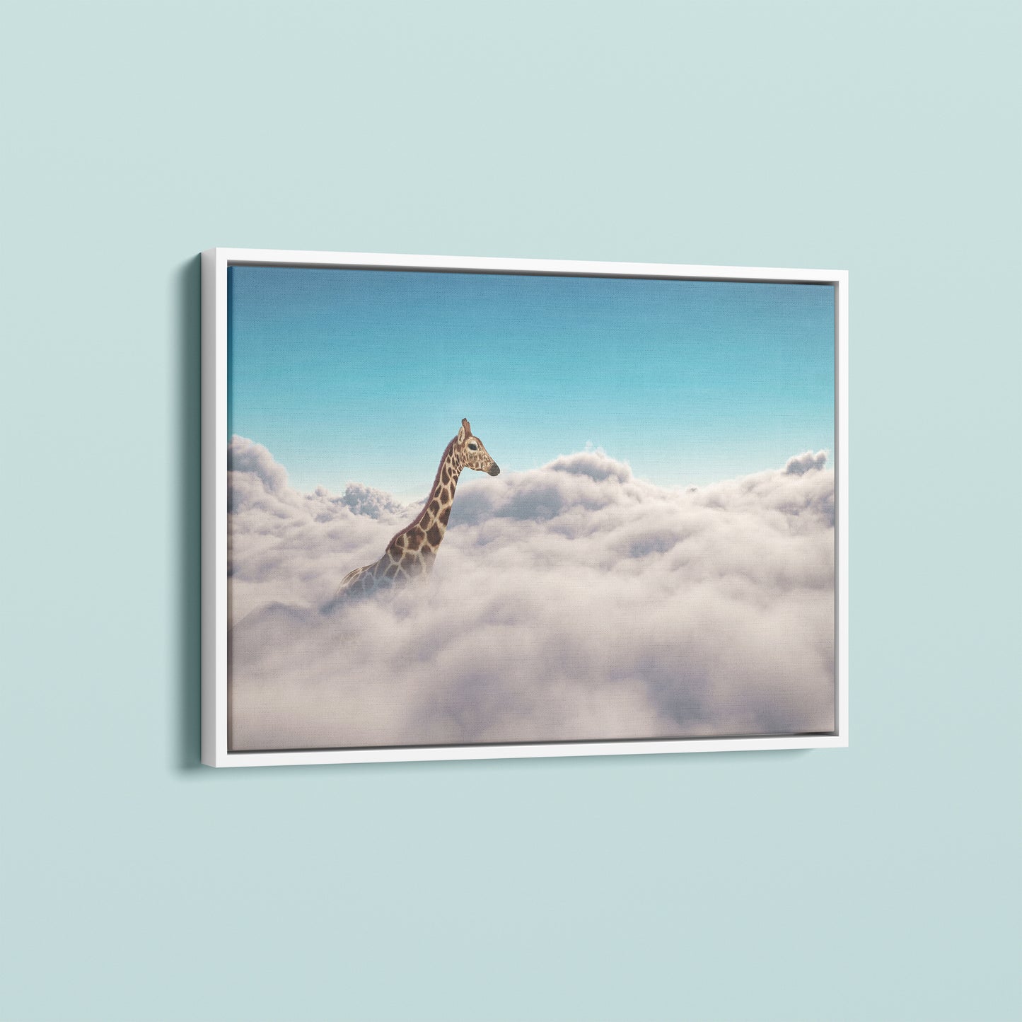 Sky High Dreams: Giraffe Above the Clouds Surreal Art Poster