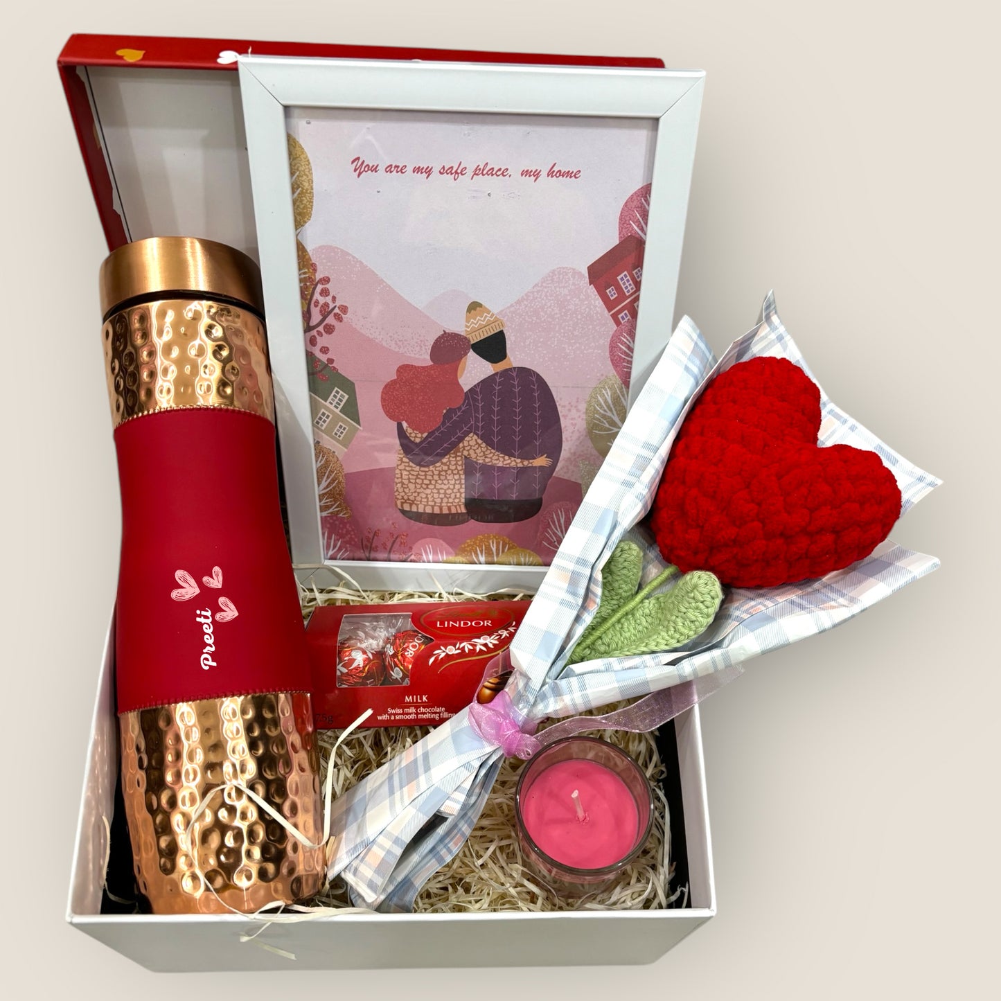 Valentine's Day Gift Hamper for Her – Personalized Copper Bottle, Heart Bouquet, Scented Candle & Lindt Chocolate