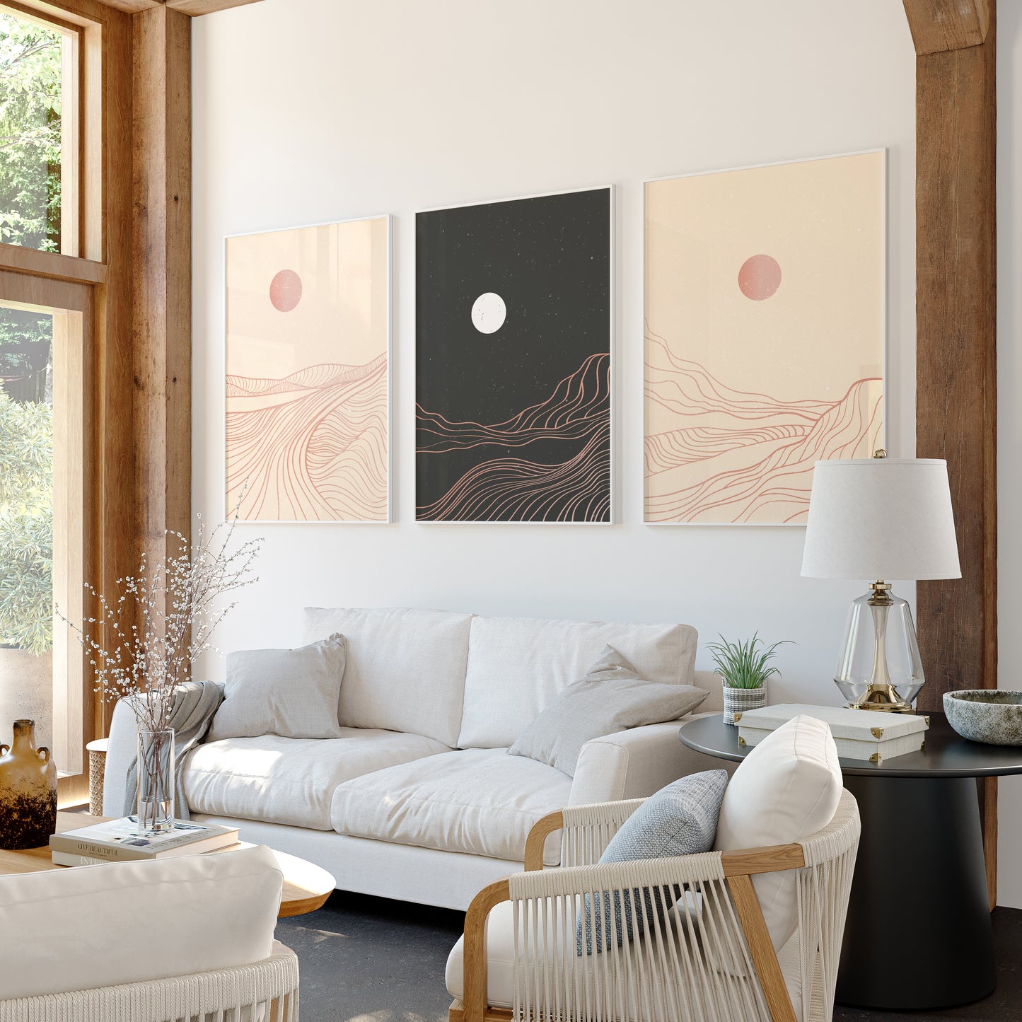 Celestial Dunes: Minimalist Abstract Landscape Trio – Wall Art Set