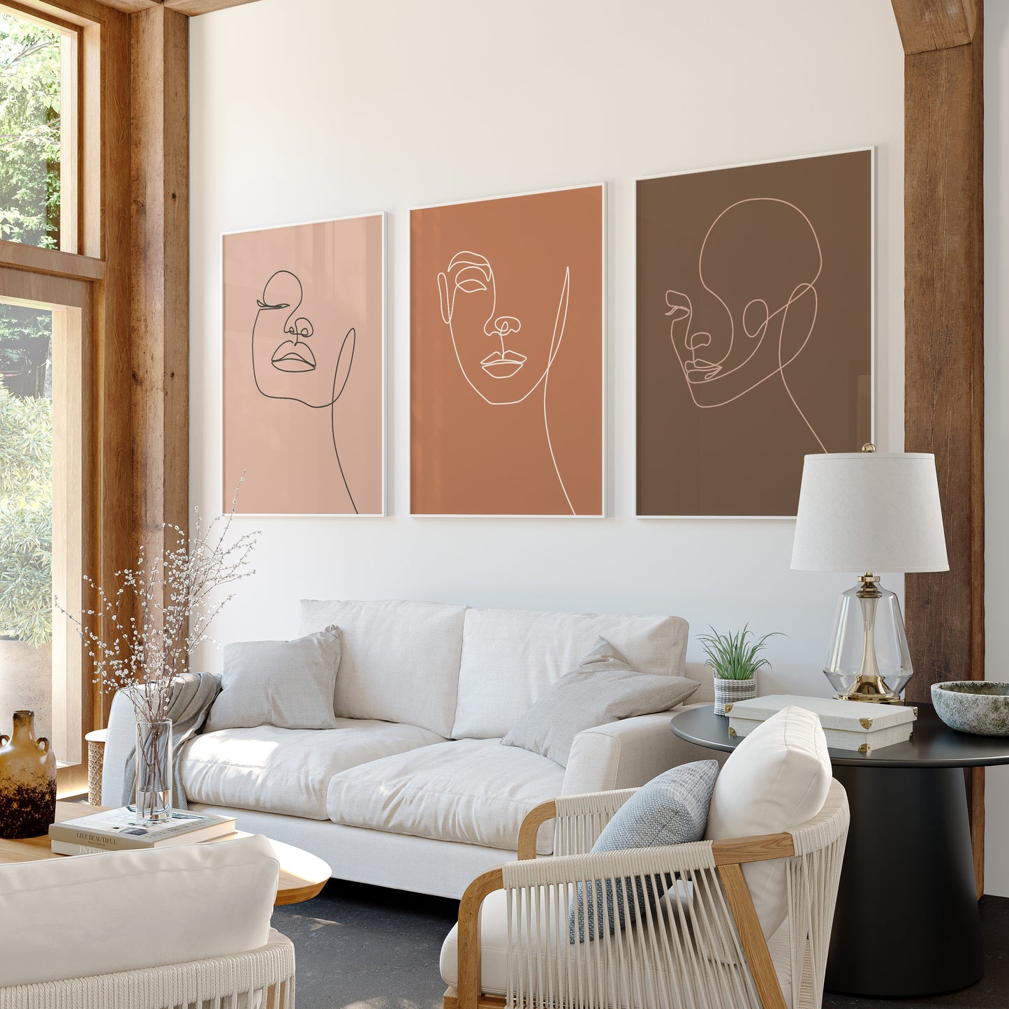 Terracotta Muse: Minimalist Abstract Face Line Art Trio – Wall Art Set