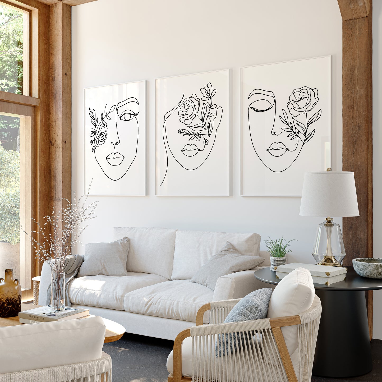 Floral Muse: Modern Feminine Line Art Faces – Trio Wall Art Set