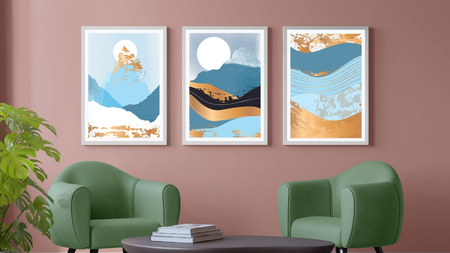 Earth Tones Landscapes with Moon, Sun and Gold Mountains(Set of 3)