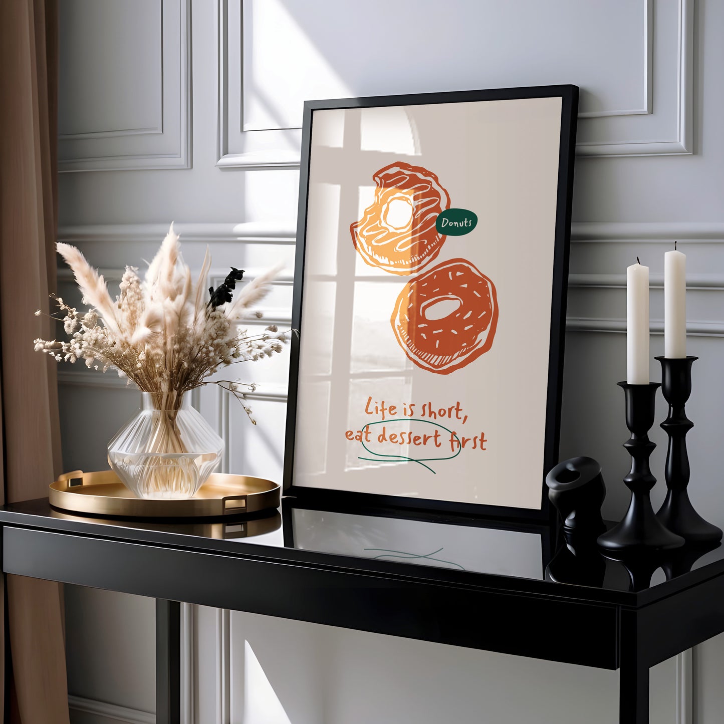 "Life is Short, Eat Dessert First" – Playful Donut Quote Poster