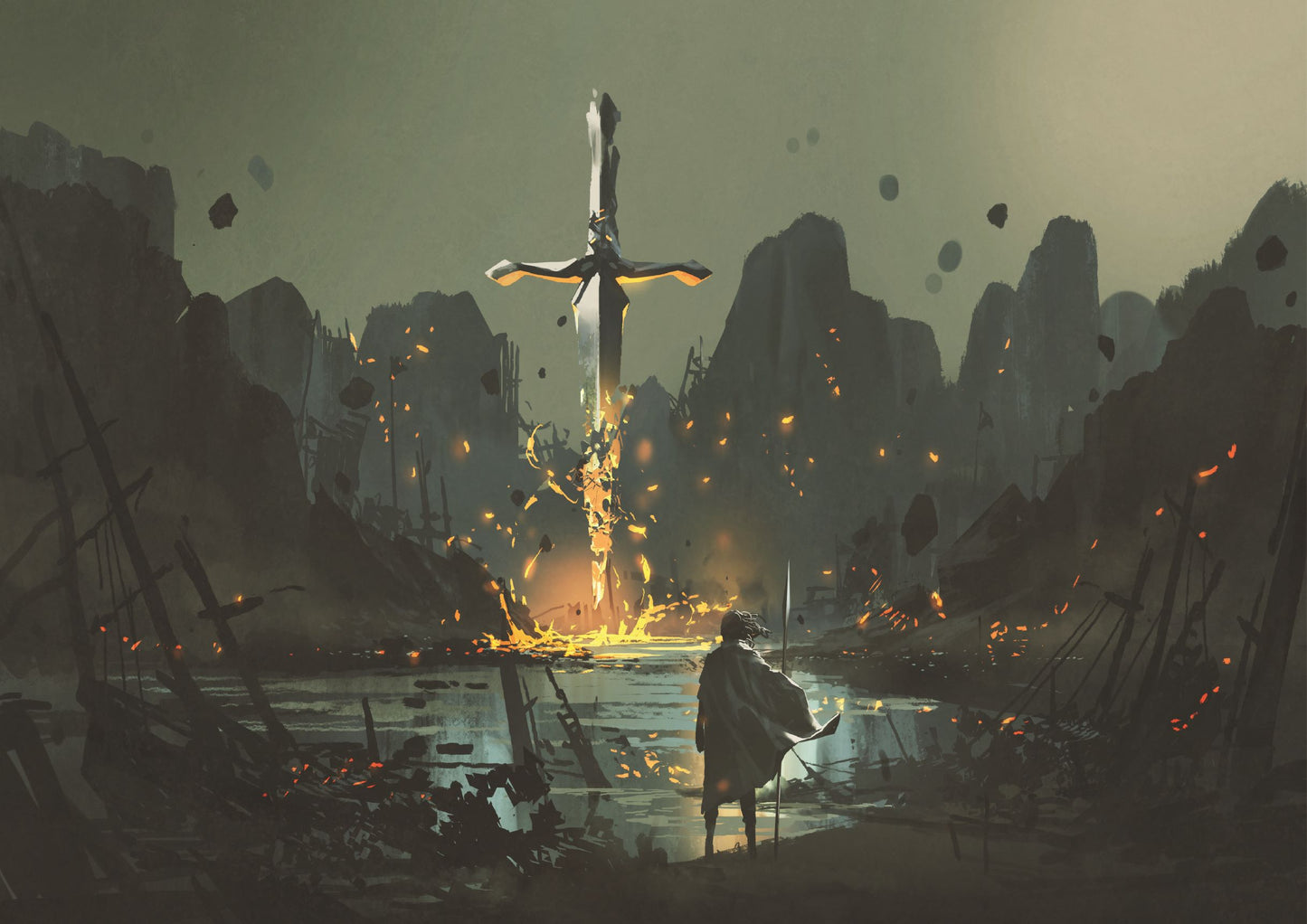 A warrior standing at the abandoned port and looking at the broken giant sword