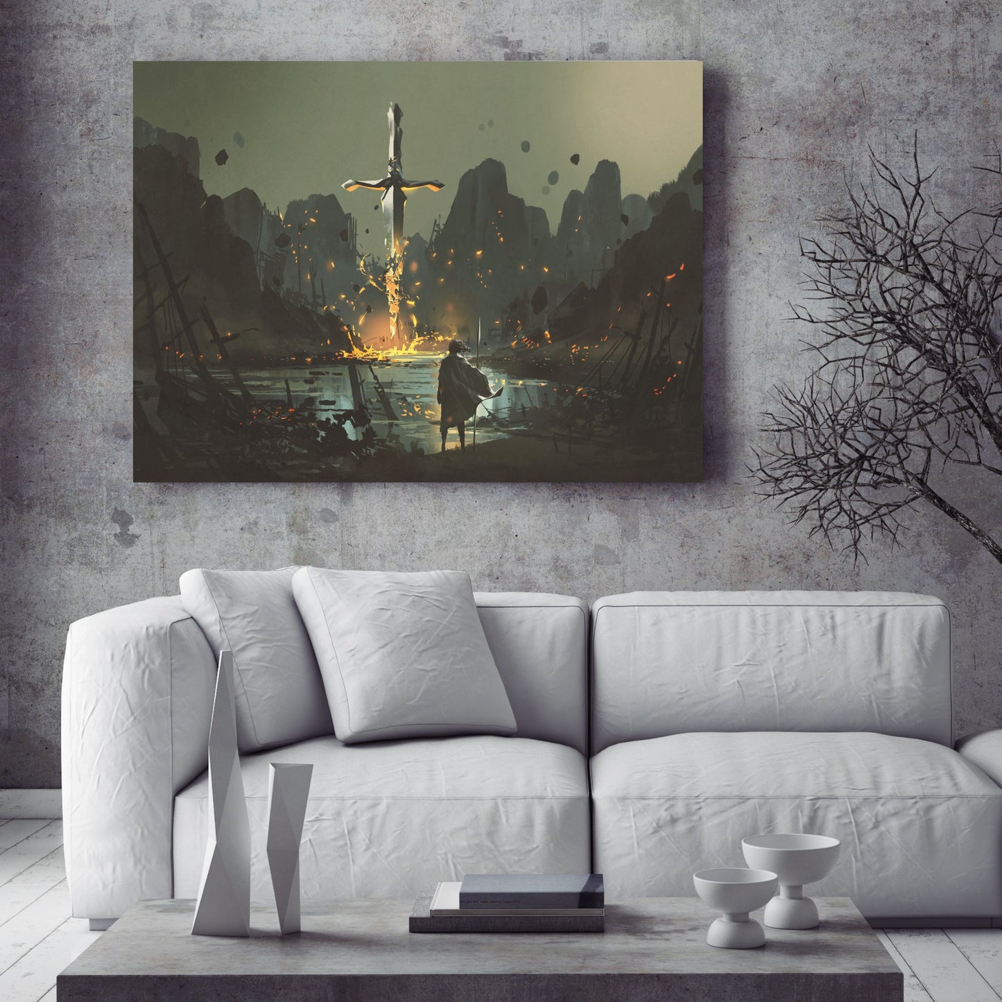 A warrior standing at the abandoned port and looking at the broken giant sword