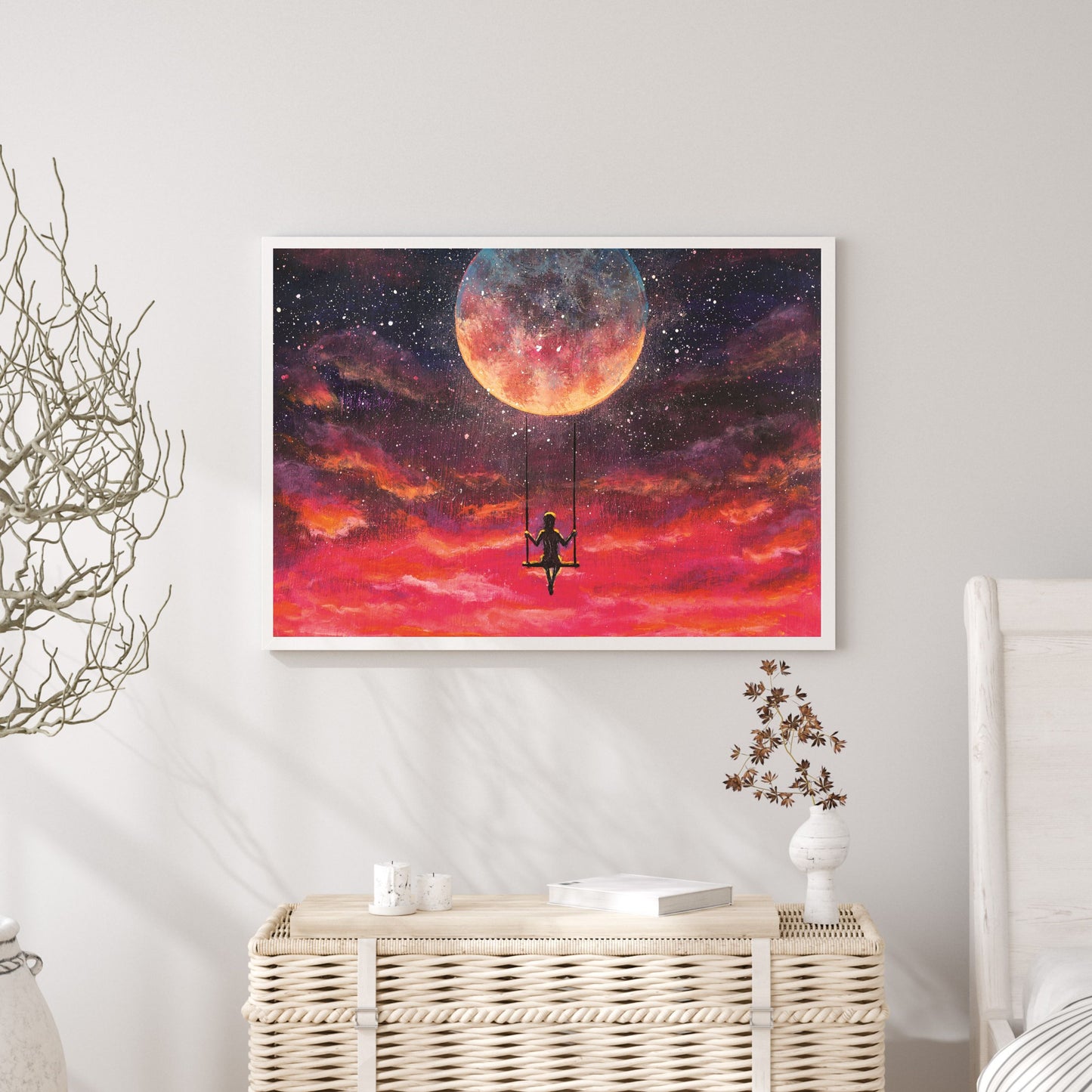 Painting Girl guy rides on swing in sky against background of beautiful purple pink sunset and starry sky.