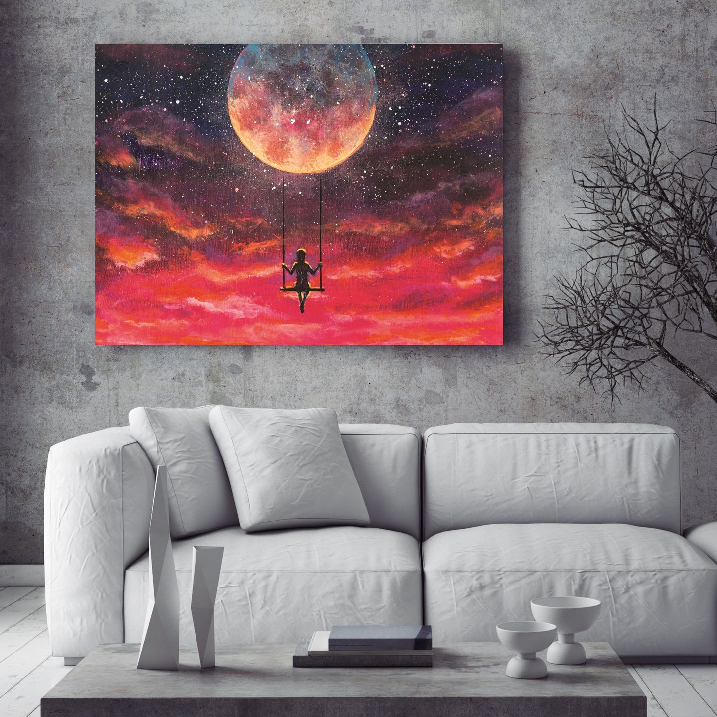 Painting Girl guy rides on swing in sky against background of beautiful purple pink sunset and starry sky.
