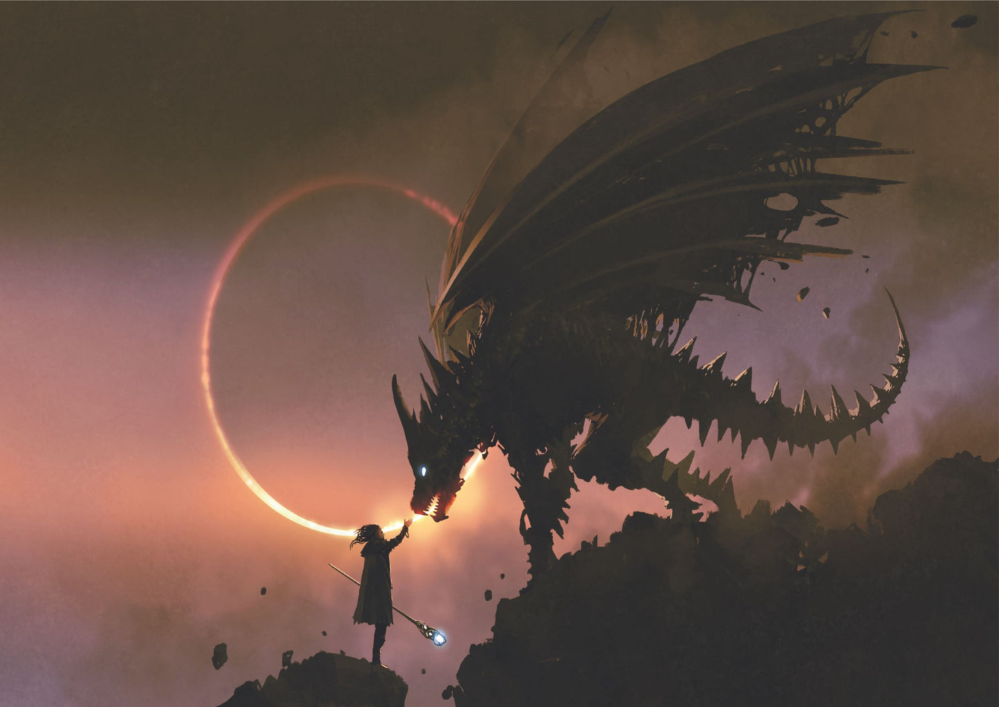 Scene of the wizard reaching hand out to his dragon standing on the rock