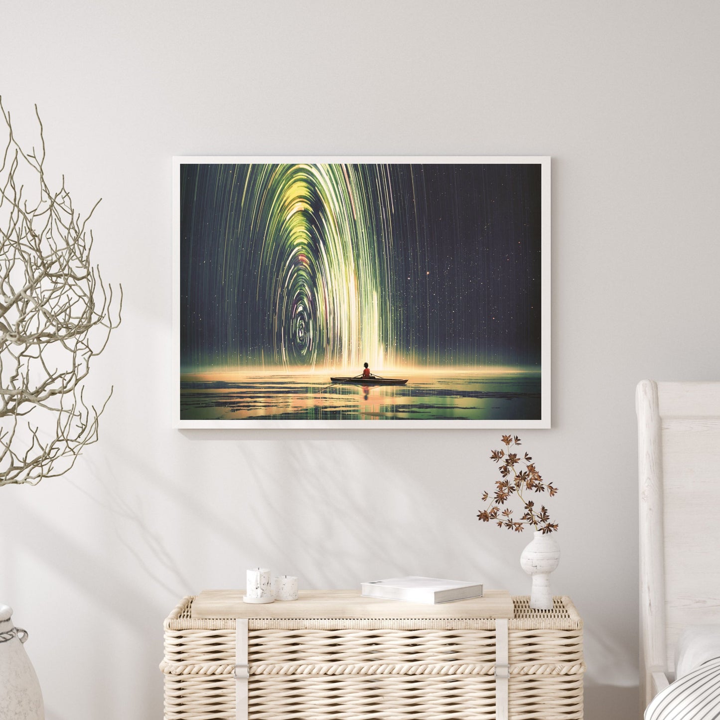 Boy rowing a boat in the sea of the starry night with mysterious light