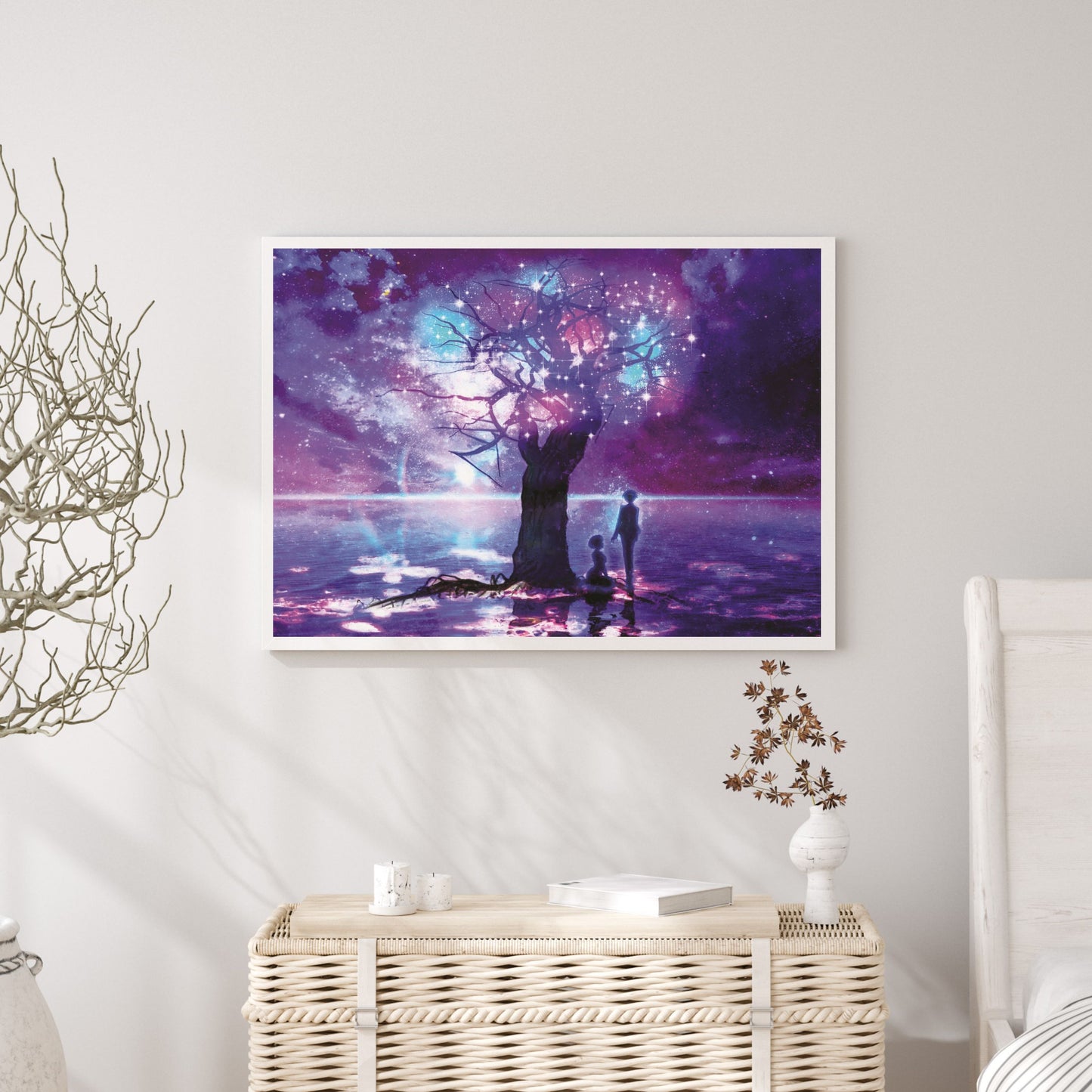 A magic tree made of stars in the middle of the sea, with a starry night sky, a boy and a girl