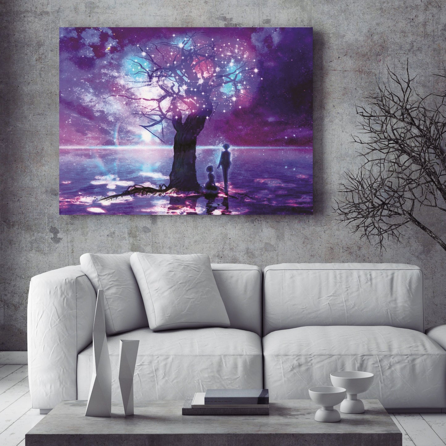 A magic tree made of stars in the middle of the sea, with a starry night sky, a boy and a girl