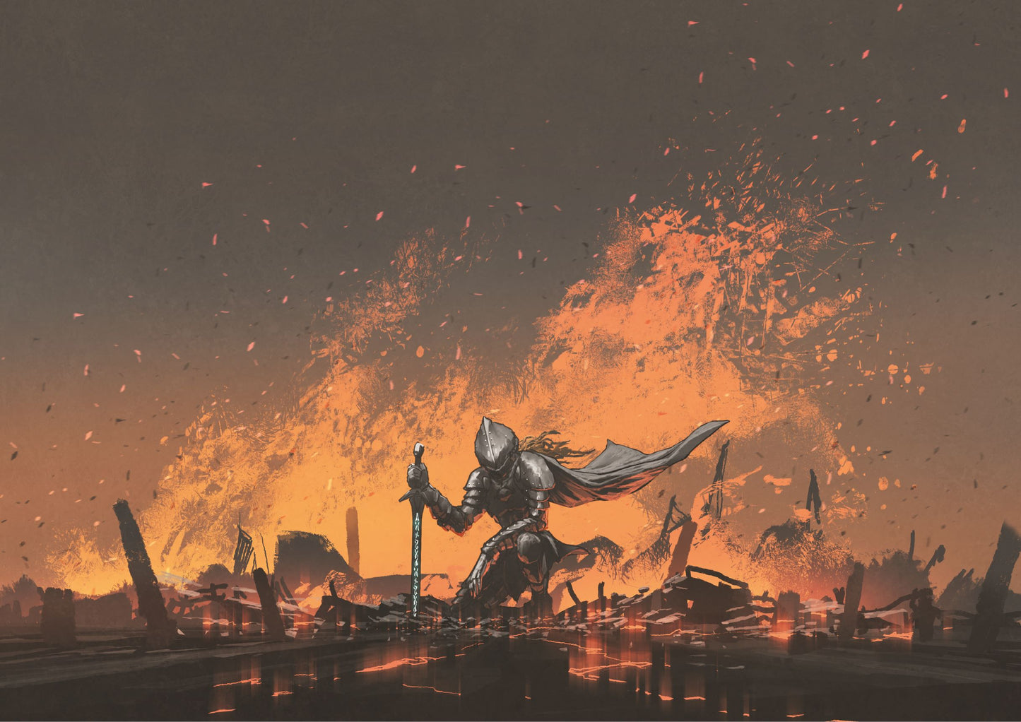 Knight with the magic sword sitting on the fire