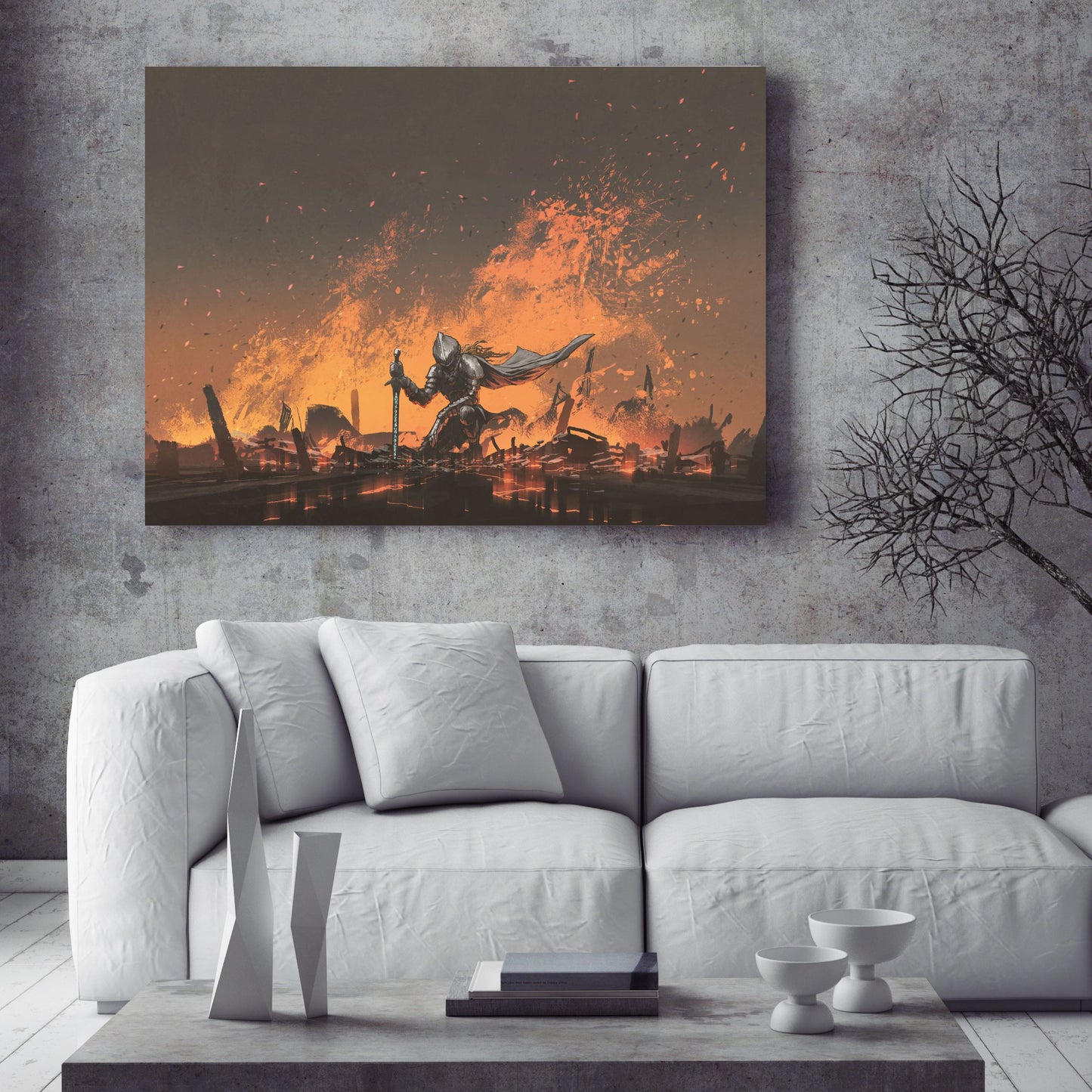 Knight with the magic sword sitting on the fire