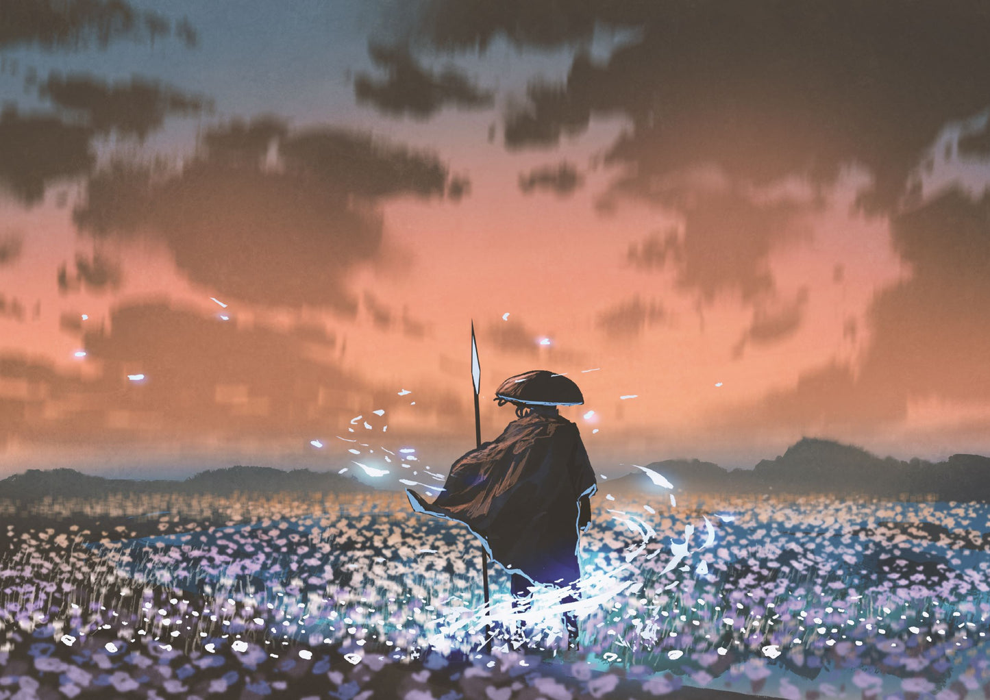 Ancient warrior with the magic spear standing in the field