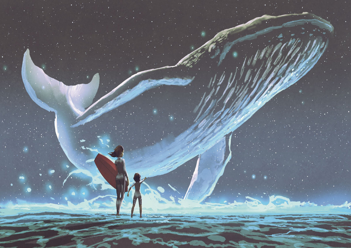 Mother and daughter looking at the whale with blue light flying in the night sky