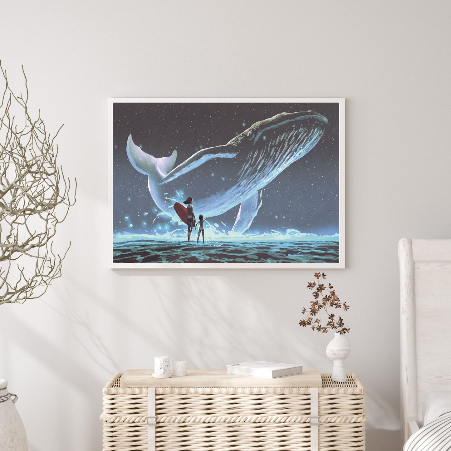 Mother and daughter looking at the whale with blue light flying in the night sky