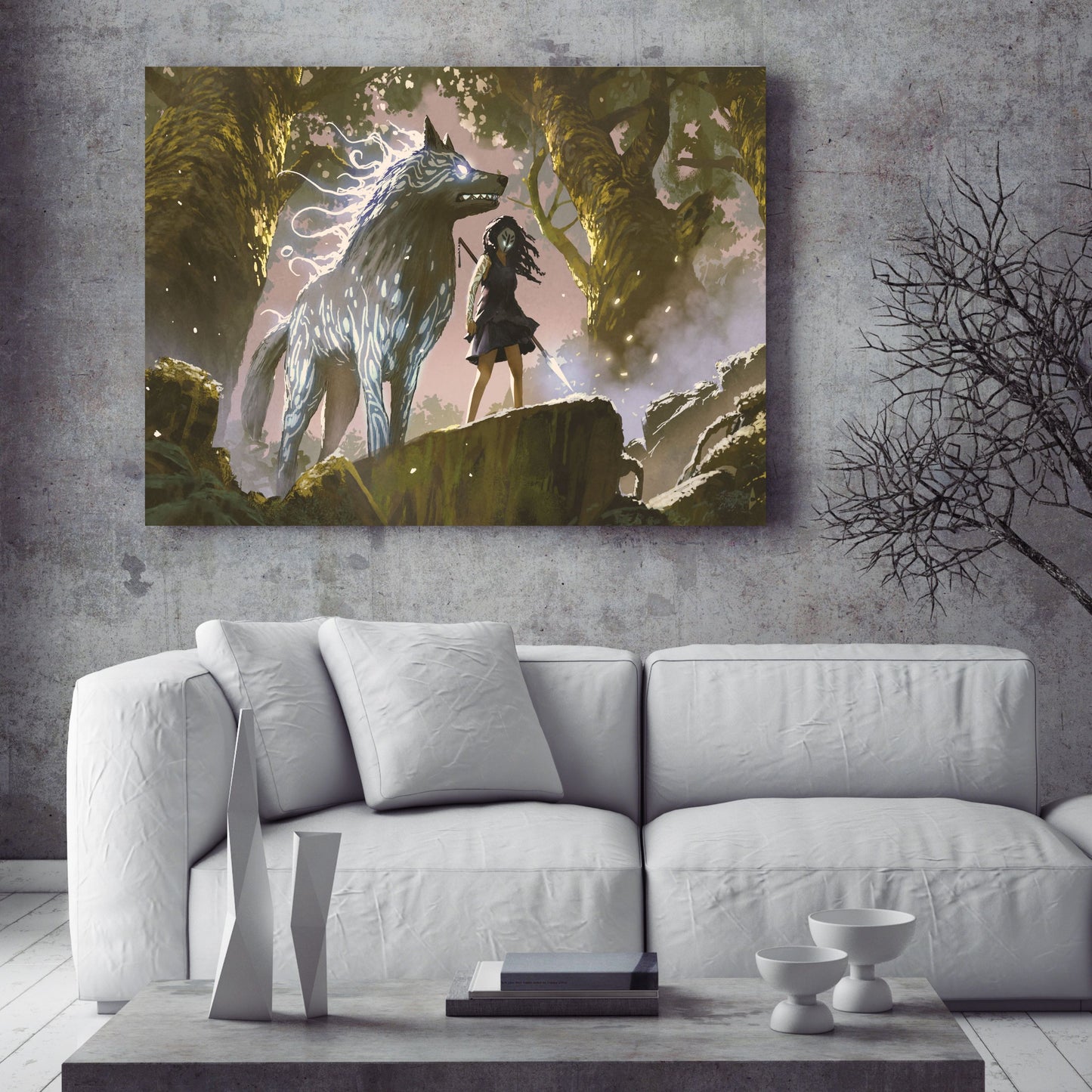 Wild girl with her wolf standing in the forest