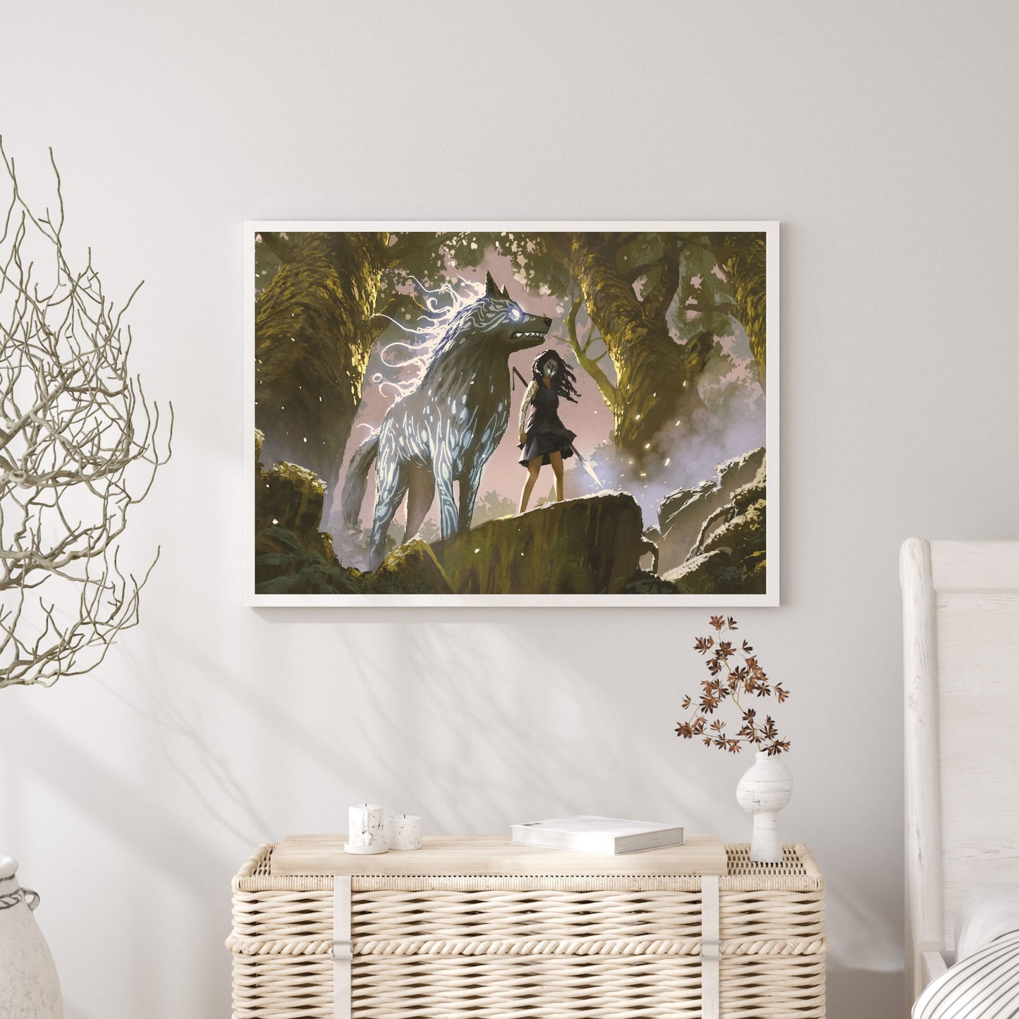Wild girl with her wolf standing in the forest
