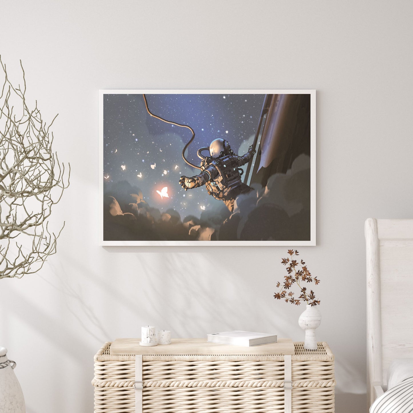 The astronaut reaching out to catch the glowing butterfly in the sky