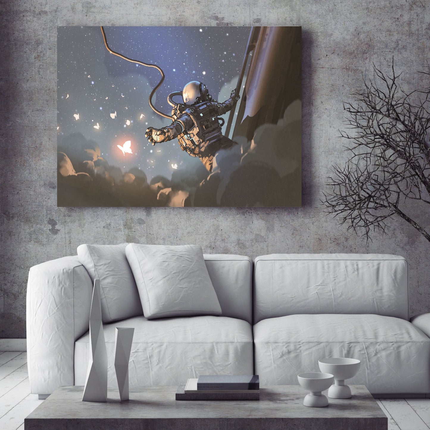 The astronaut reaching out to catch the glowing butterfly in the sky
