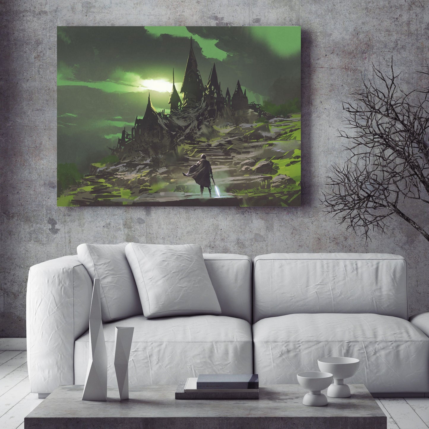 Man looking at the mysterious abandoned castle with a green sky in the background