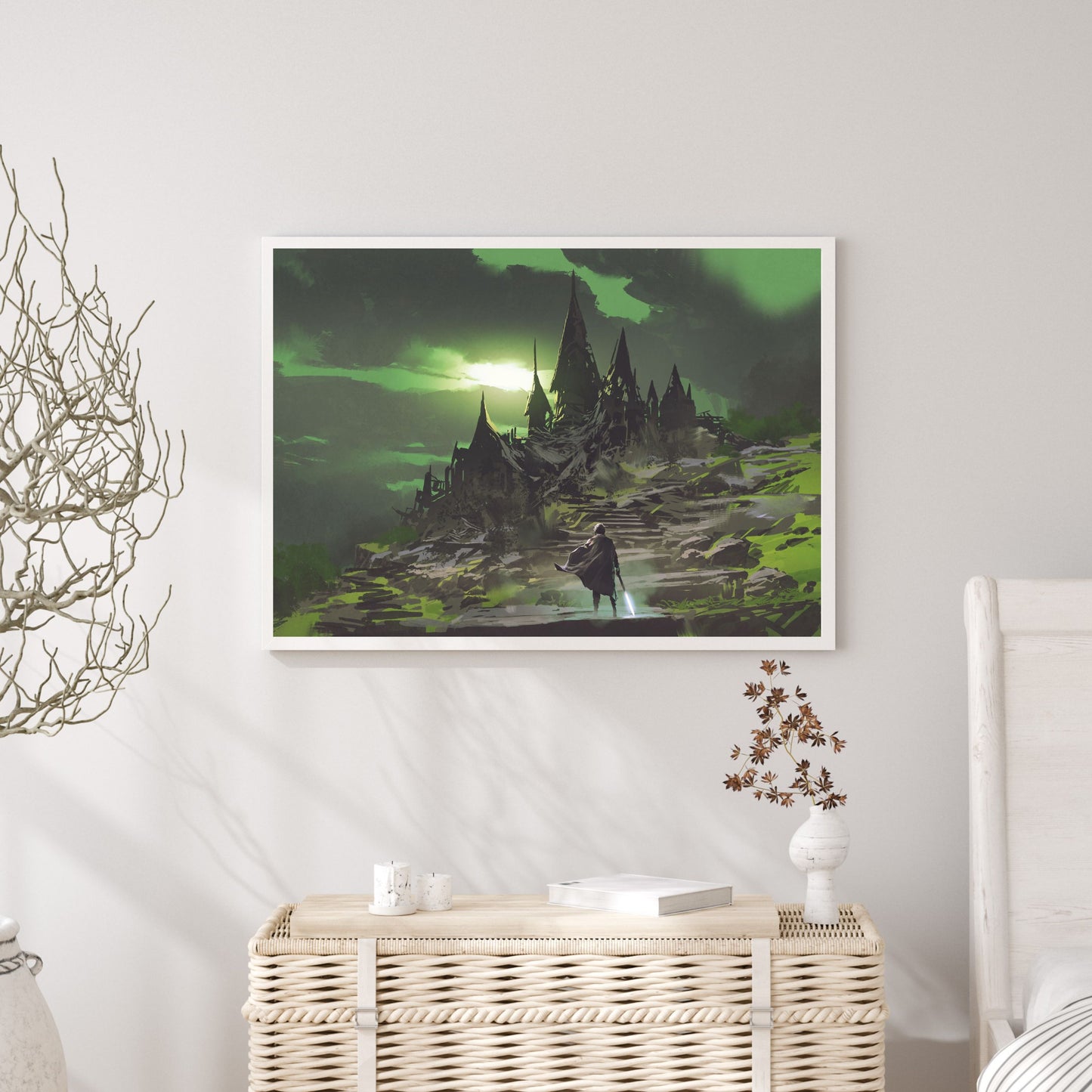 Man looking at the mysterious abandoned castle with a green sky in the background