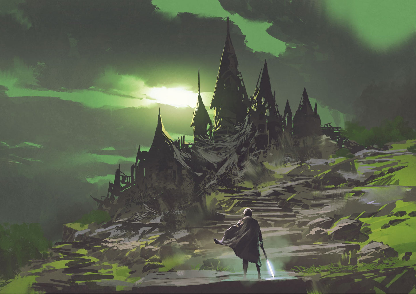 Man looking at the mysterious abandoned castle with a green sky in the background