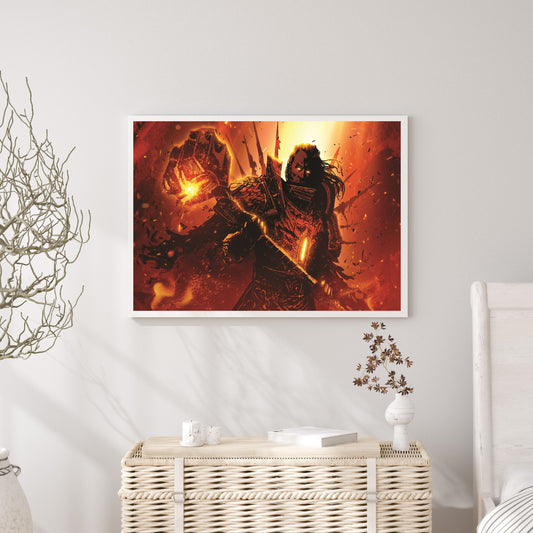 The brutal cleric holds a huge magic hammer in the fire