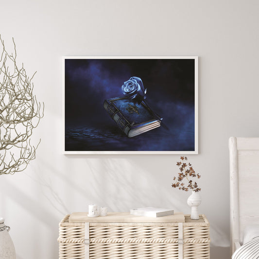 Fantasy magic dark background with a magic rose and an old book