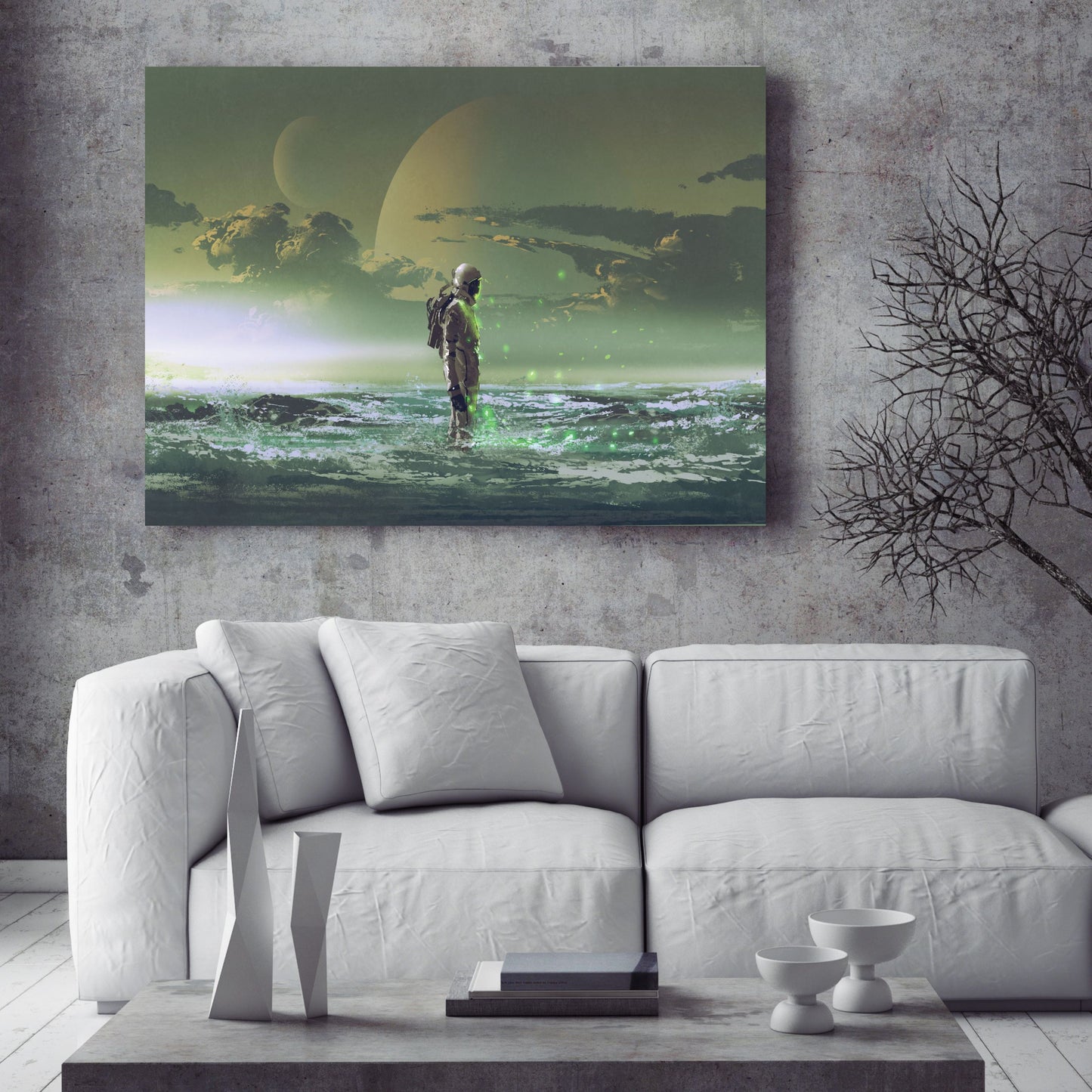 Astronaut standing by the sea against background of the planet