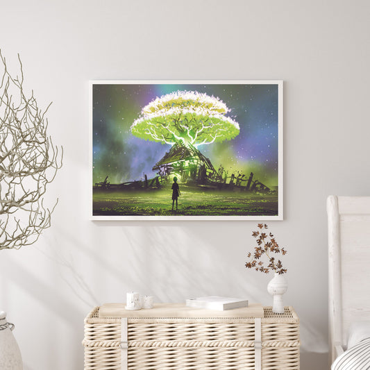 Girl looking at the glowing tree formed by the ruins of the house