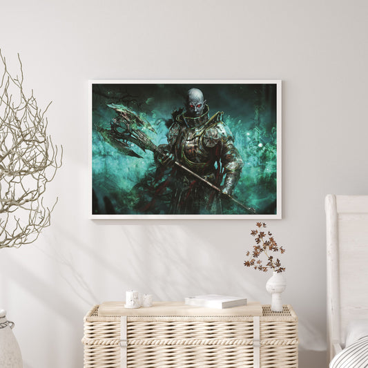 A sinister bald vampire knight in plate armor with a huge axe