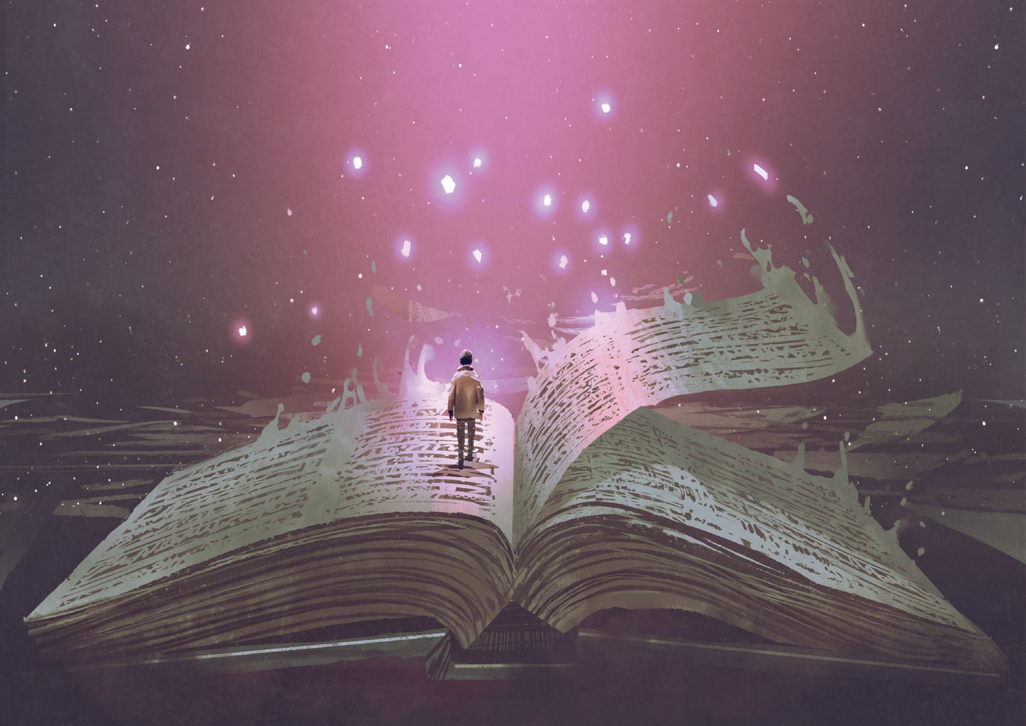 Boy standing on the opened giant book with fantasy light
