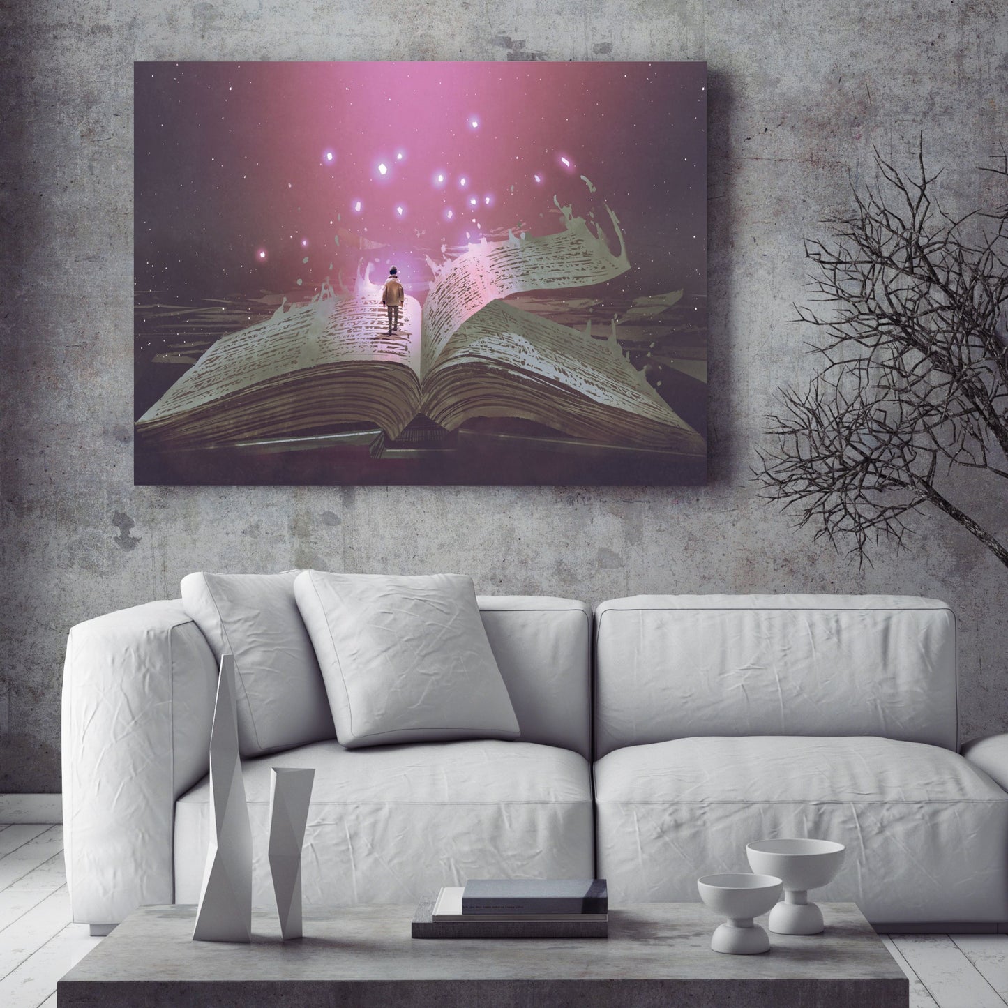 Boy standing on the opened giant book with fantasy light