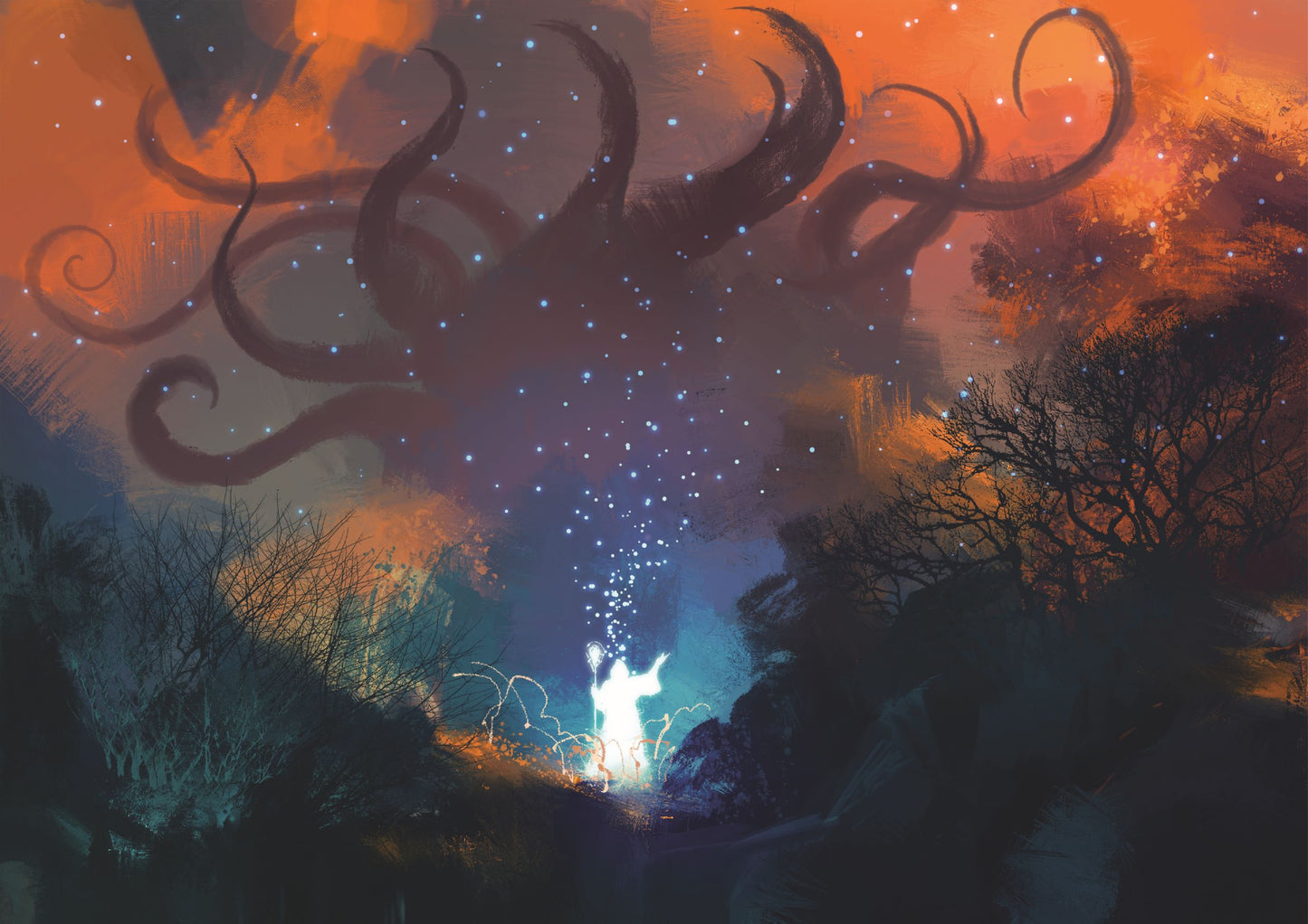 Magician summoning ghostly demon
