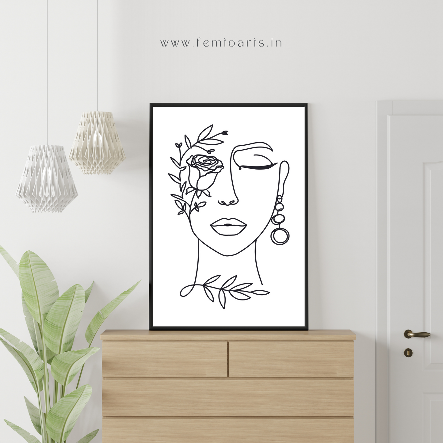 Elegant woman face in one line art style with flowers