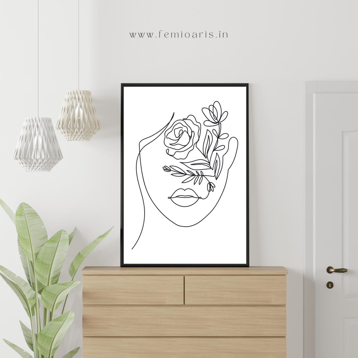 Elegant woman face in one line art style with flowers